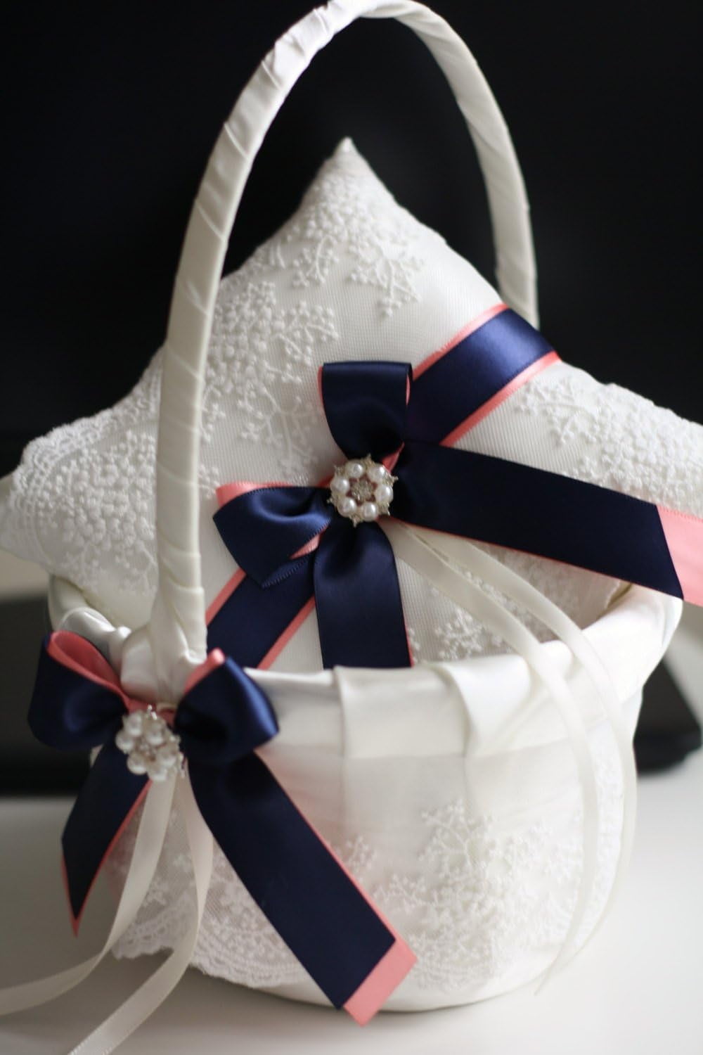 Wedding Flower Girl Basket & Ring Bearer Pillow Set by  Emotions (Coral Navy)