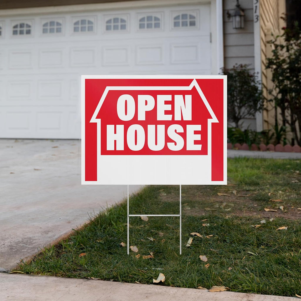 Open House Yard Signs with H-Frame Stakes, 16" x 12" Corrugated Plastic Open House Signs (Pack of 5)