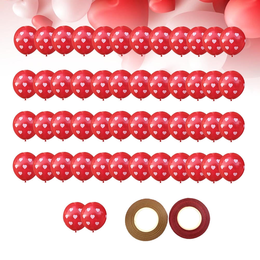 Masteelf 150 pcs  12 Inches Red Background White Heart Printing Balloon Decoration Love Heart Balloons Valentines Day Latex Balloons Wedding Photo Props Party Supplies with Random Color Ribbon