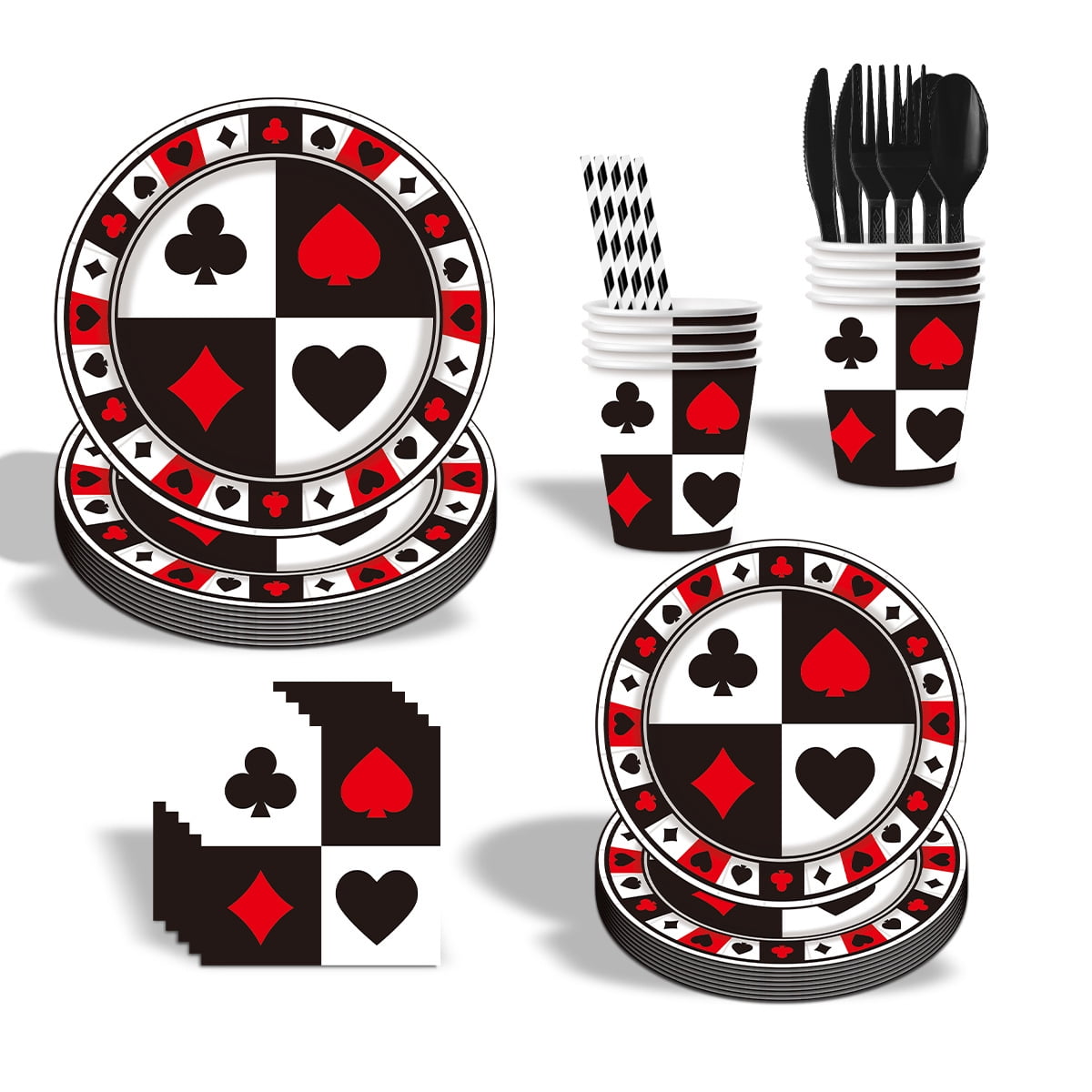 81/91 Pcs Casino Party Supplies Poker Tableware Set 7"/9”Poker Paper Plates and Casino Napkins Fork for Casino Night Poker Game Themed Poker Card Playing Club Heart Casino Birthday Party Decorations