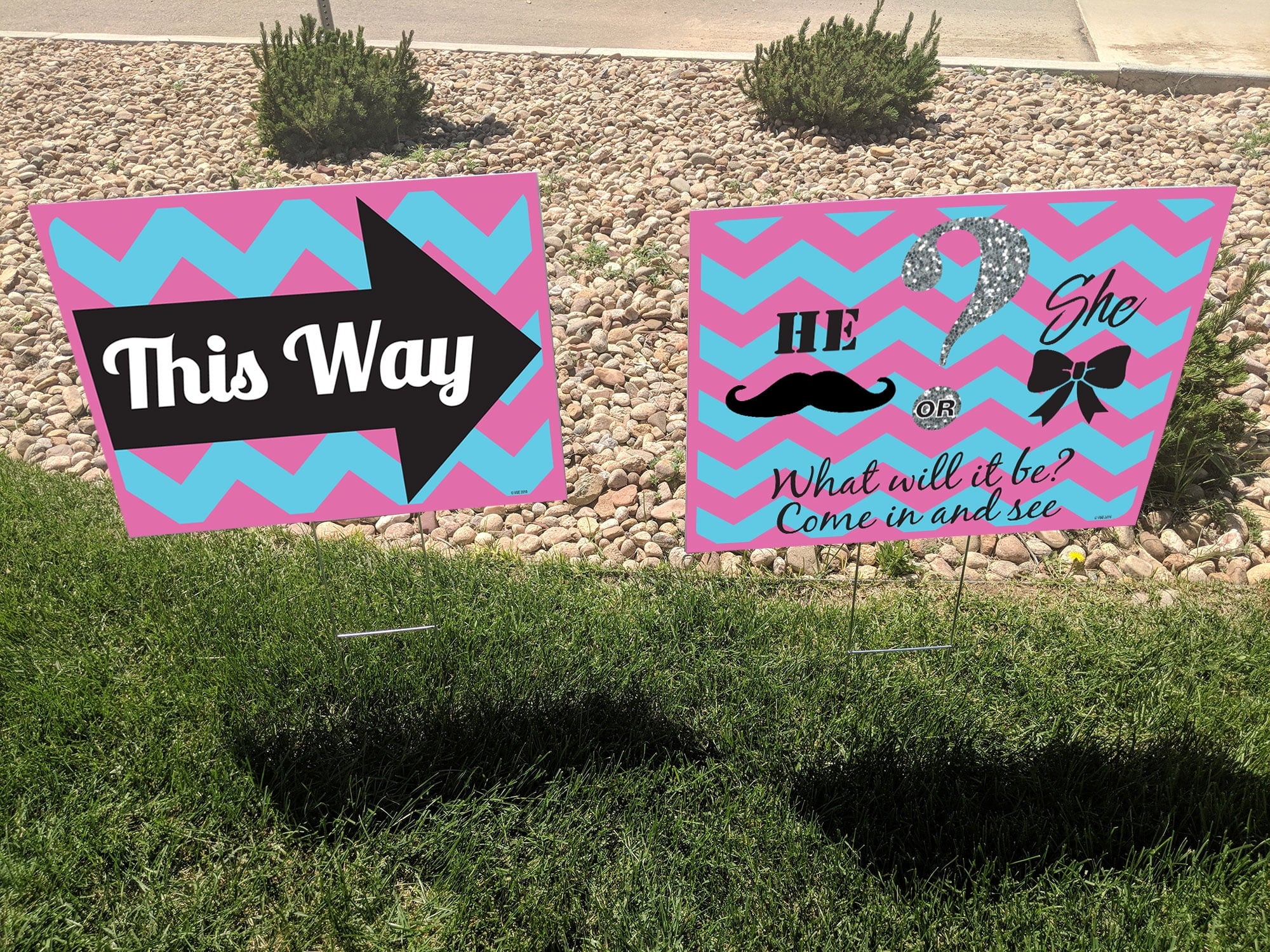 18x24 "Gender Reveal Party" double sided lawn sign kit with 6x24 H-stakes. Brightly colored Pink, Blue, Black and Silver on white 'He or She?" sign with Directional Arrow sign included