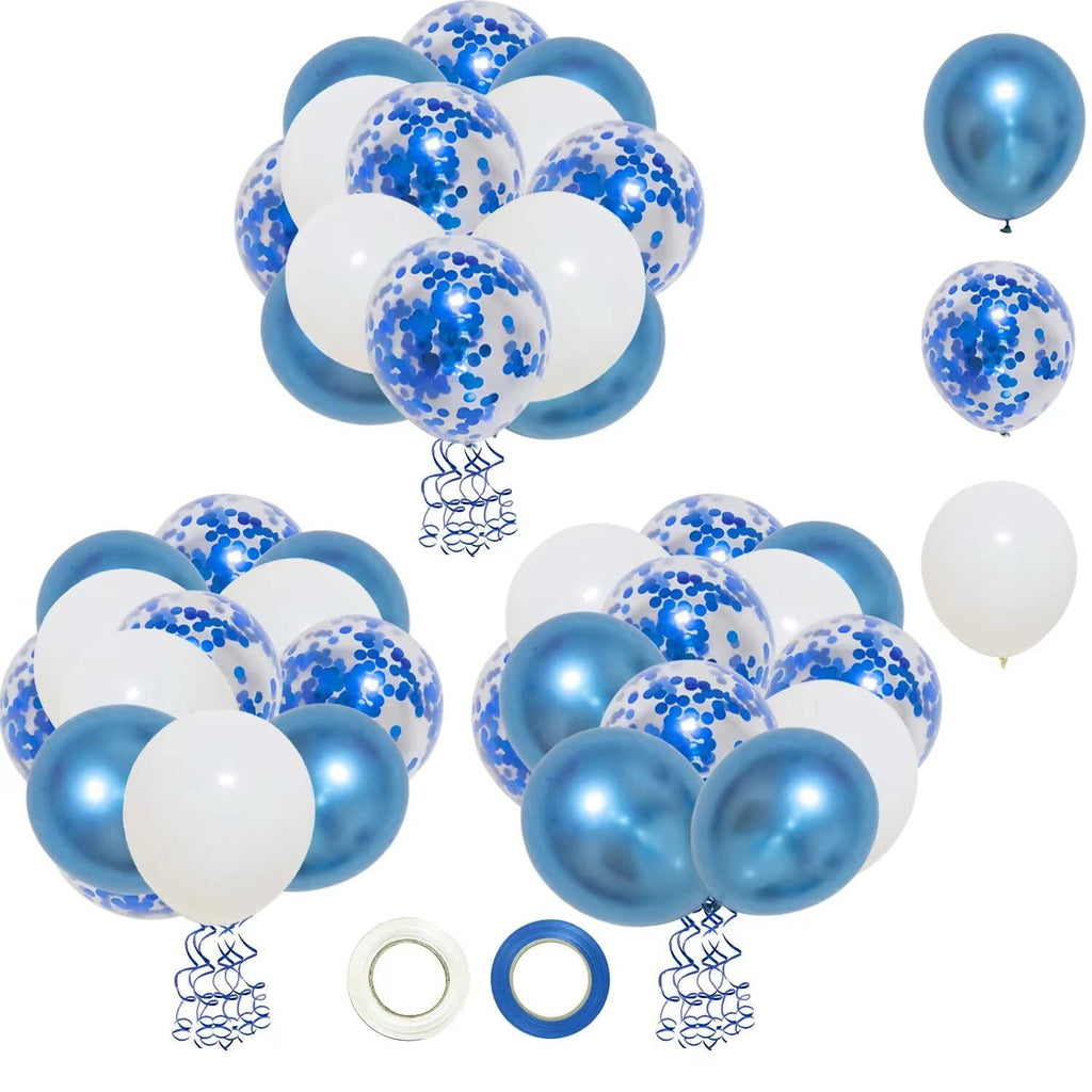 FF. Blue Metallic Balloons Blue Confetti Balloons and White Balloons,50 pcs Blue Balloons Party Balloons for Birthday Baby Shower with Extra Confetti and Balloon Ribbons