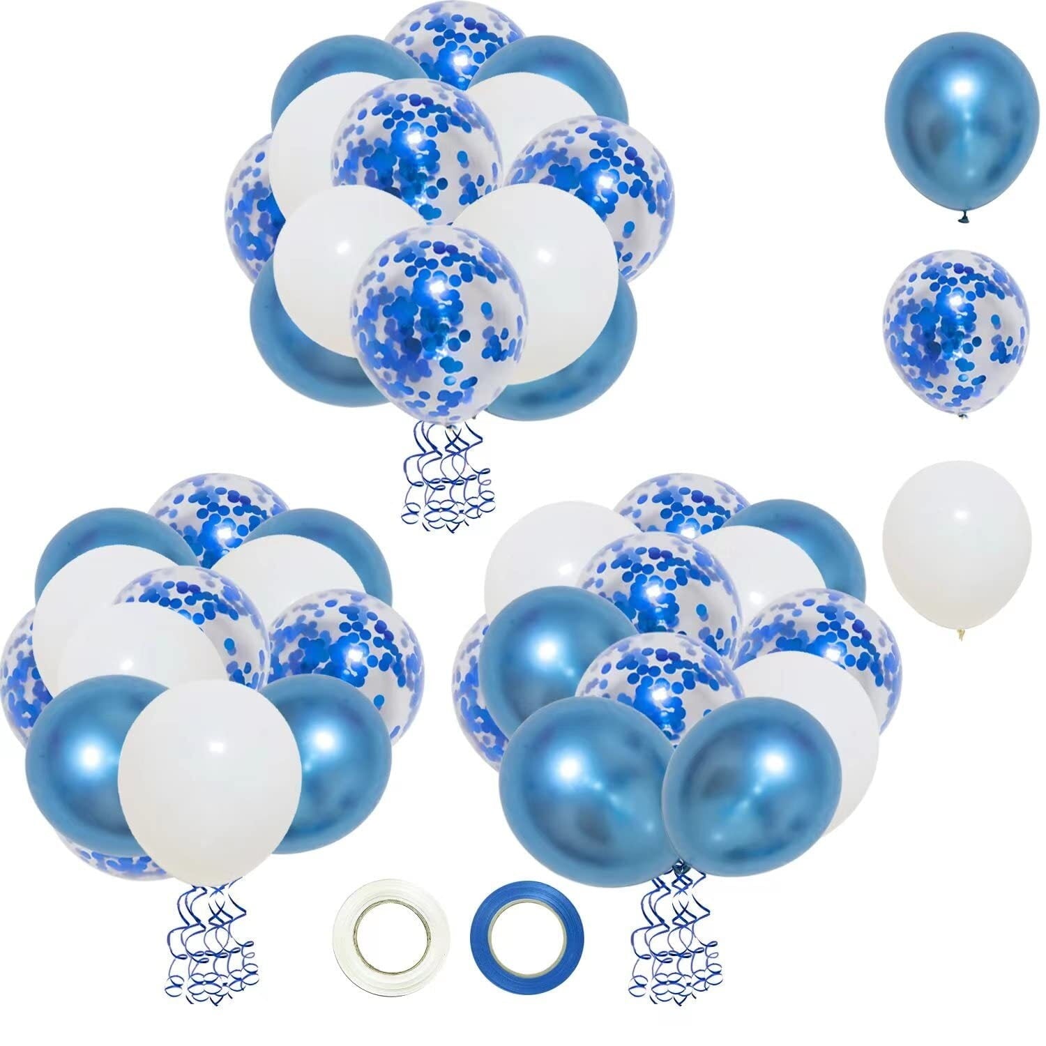 FF. Blue Metallic Balloons Blue Confetti Balloons and White Balloons,50 pcs Blue Balloons Party Balloons for Birthday Baby Shower with Extra Confetti and Balloon Ribbons