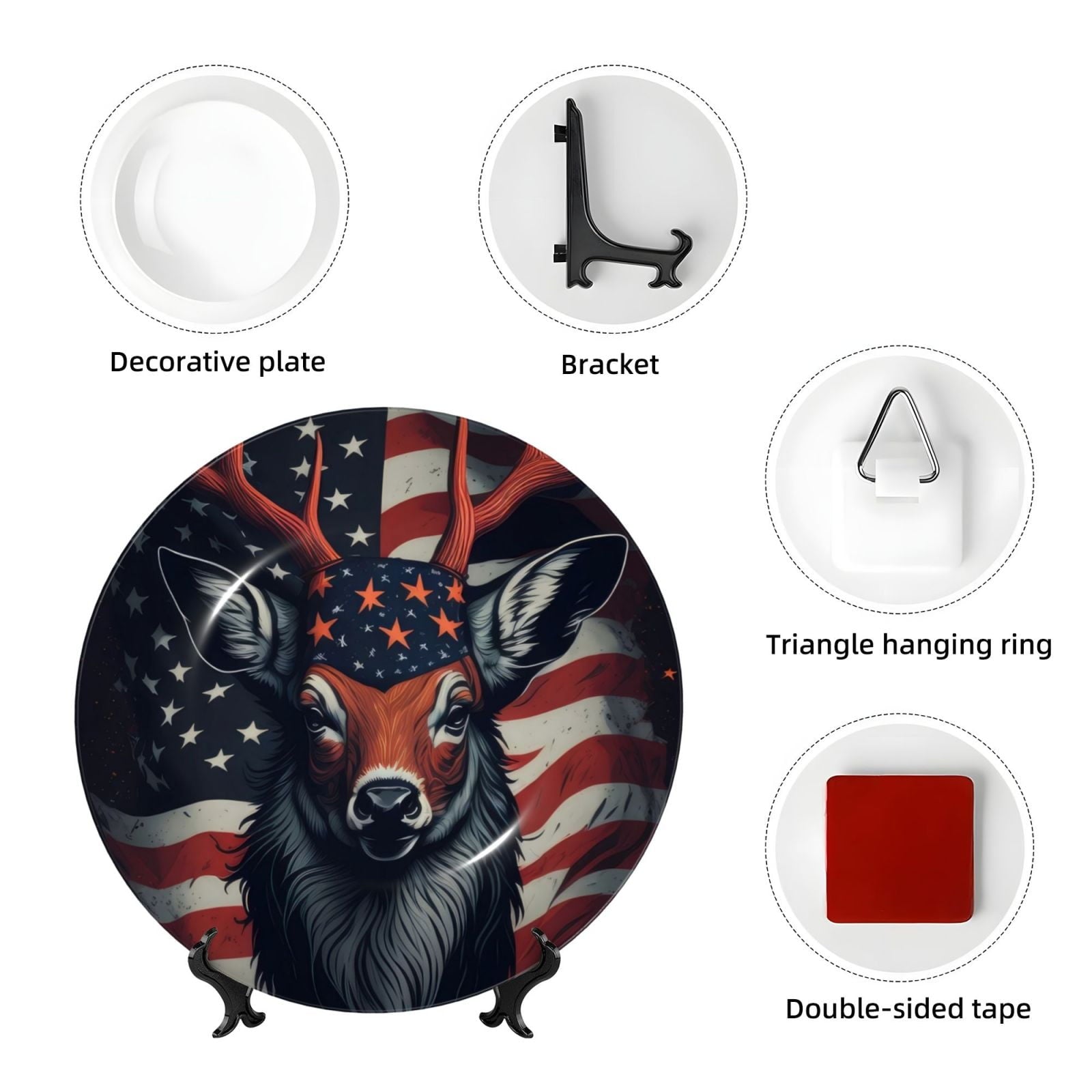 Honeii Modern USA Deer Head Print Elegant Bone China Decorative Plate, Porcelain Plate,Art Crafts,Ceramic Ornaments for Home Office Wall Decor-6in