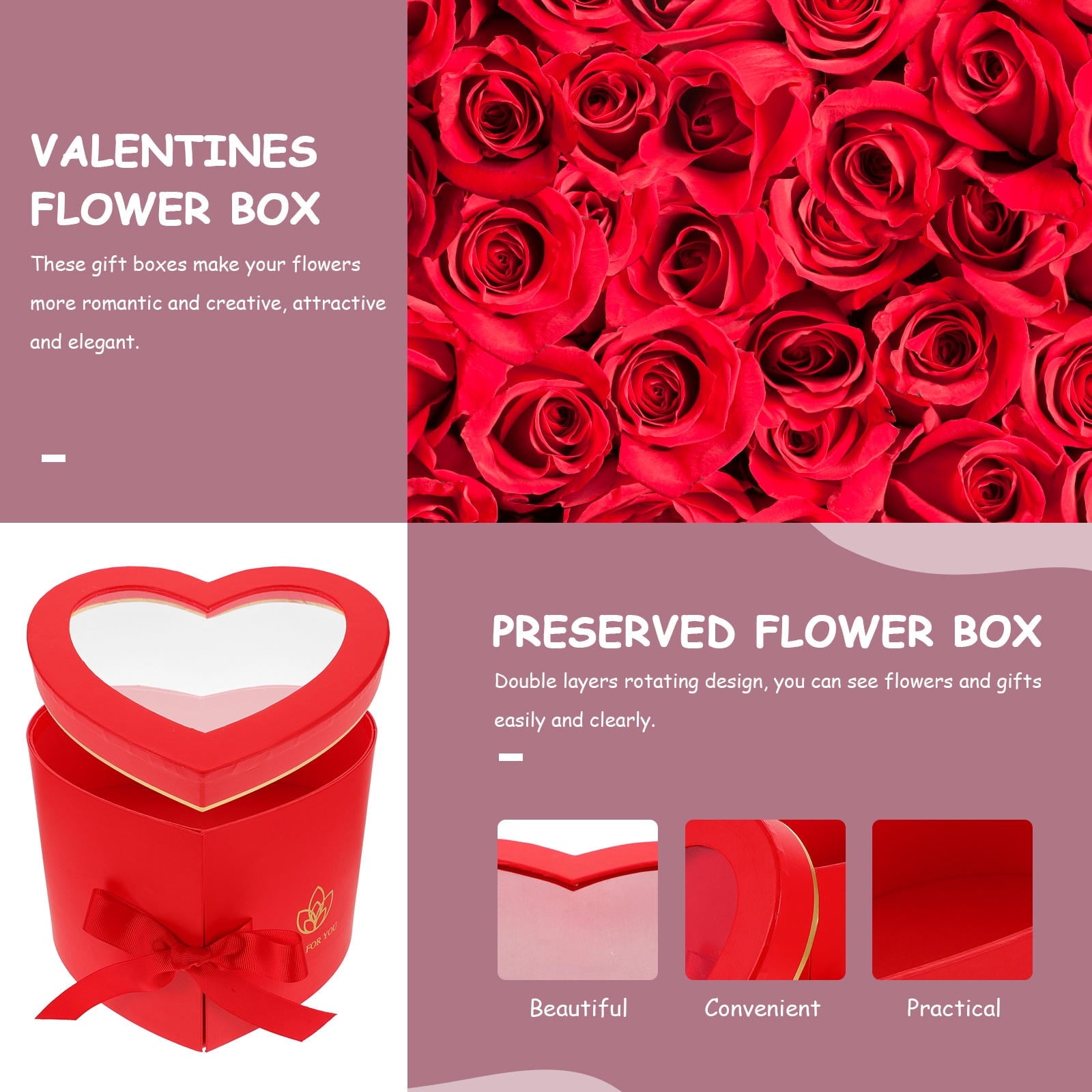 PBPBOX Heart Flower Box Red for Romantic Flower Display and Gift Wrapping
