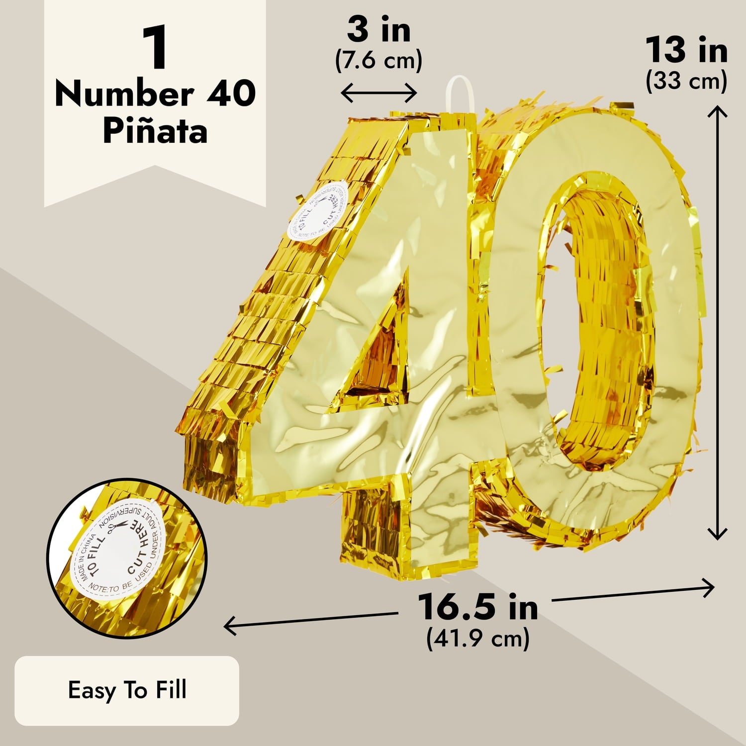 Gold Foil Number 40 Pinata for 40th Birthday Party Decorations, Centerpieces, Anniversary Celebrations (Small, 16.5 x 3 x 13 In)