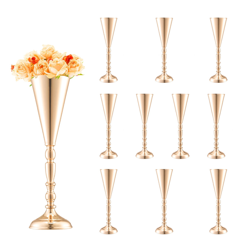KFFKFF 10-Piece Set, 43cm/16.9'' Height, Gold Metal Flower Vases, Trumpet-Shaped Centerpieces for Wedding Tables, Dinner Parties, Anniversaries, Birthdays, and Ceremonial Events