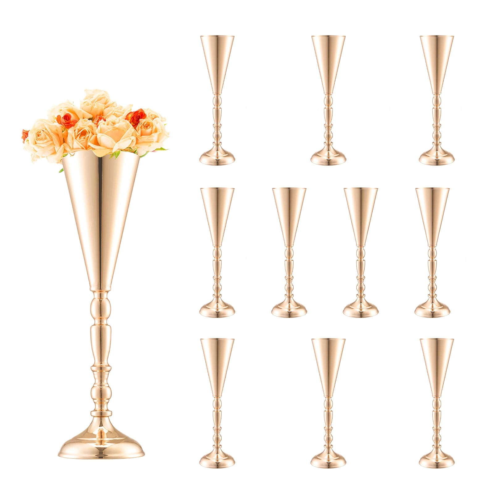 KFFKFF 10-Piece Set, 43cm/16.9'' Height, Gold Metal Flower Vases, Trumpet-Shaped Centerpieces for Wedding Tables, Dinner Parties, Anniversaries, Birthdays, and Ceremonial Events