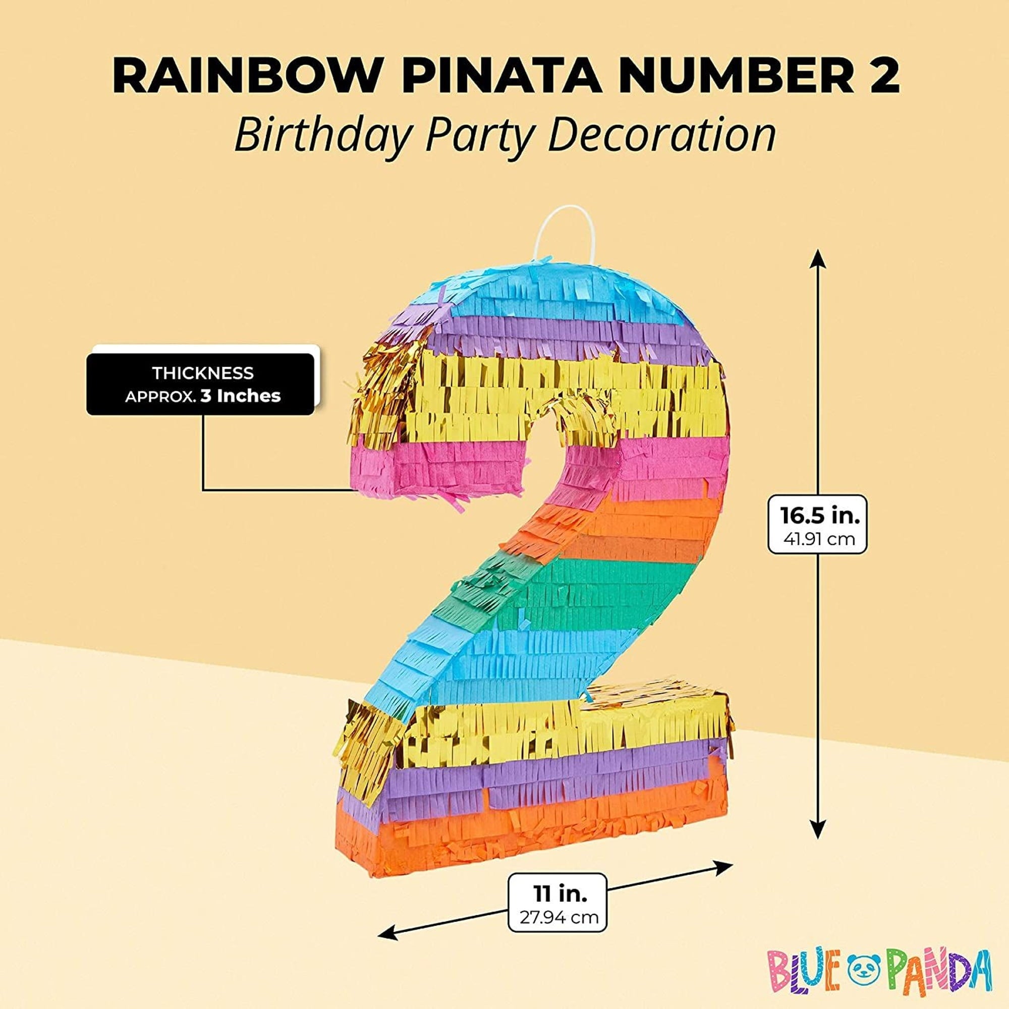 BLUE PANDA Rainbow Themed Number 2 Pinata for Kids Ages 3-14 Birthday Party Supplies, Fiesta, Cinco de Mayo Celebration, Small (16.5 x 11 x 3 In)