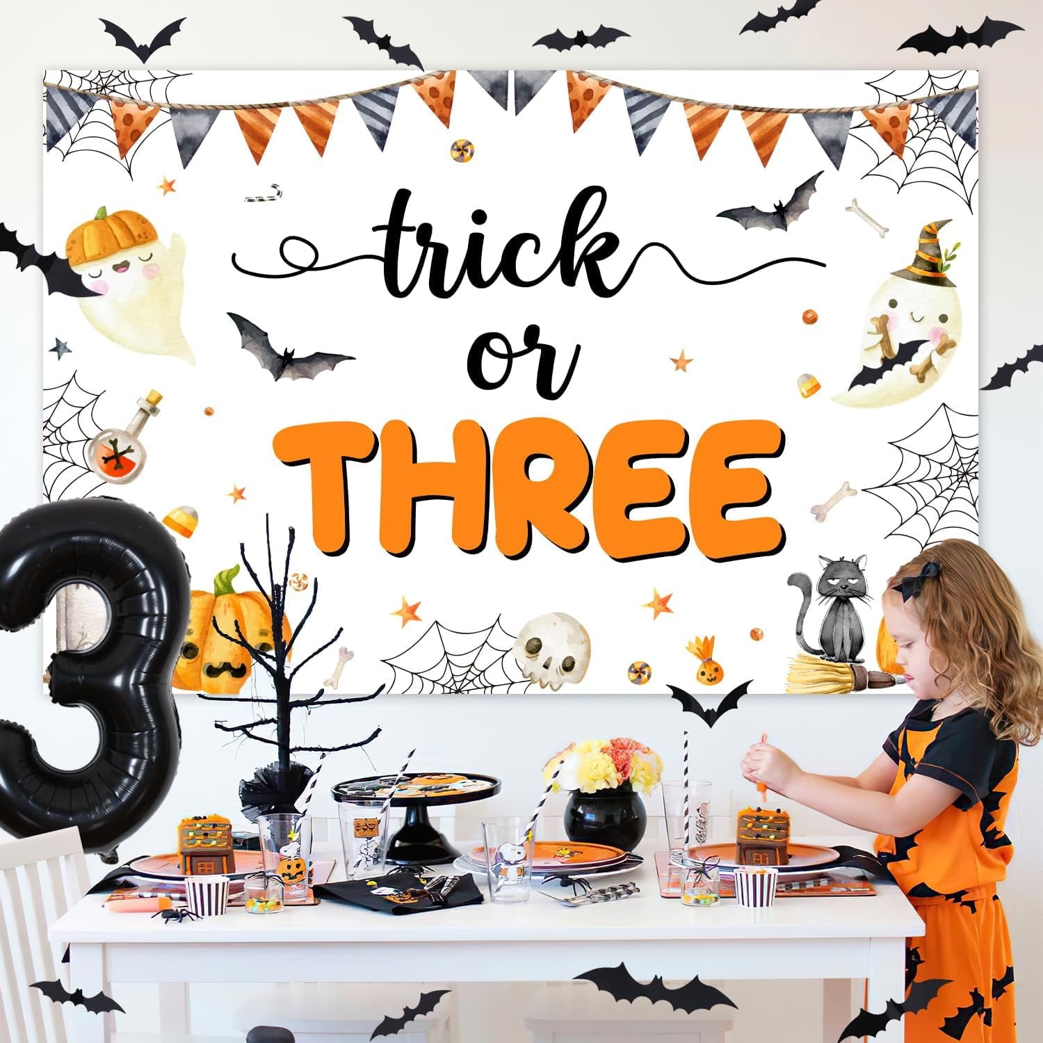 Trick or Three Theme Halloween 3rd Birthday Party Decorations Pumpkin Backdrop Number 3 Balloon Garland Arch Kit 3D Bat Wall Stickers Simulation Spider for Halloween 3rd Birthday Party Decor Supplies