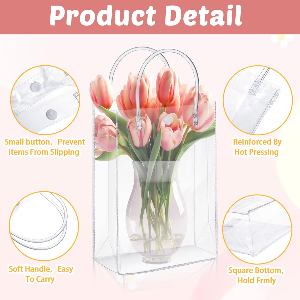 DIYMAG 50 Pcs Clear Gift Bags with Handle, PVC Reusable Tote Bags, Gift Wrap Goodie Bags for Party Wedding/Birthday/Boutique/Shopping/Baby Shower (5.9 x 7.8 x 2.7 Inch)