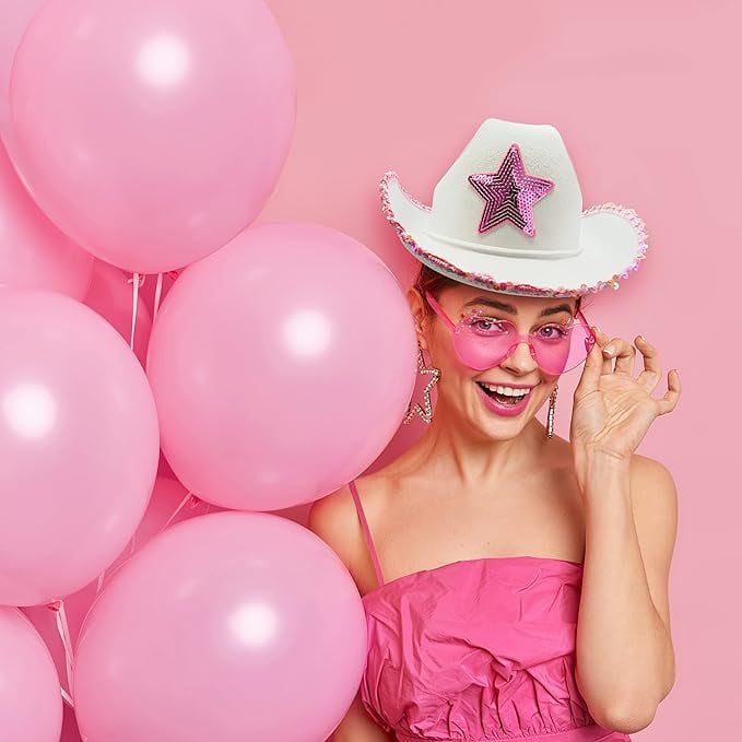 4E's Novelty 2 Sets White Cowgirl Hat with Pink Star & Heart Glasses – Sparkly Bachelorette & Costume Hat for Girls & Women