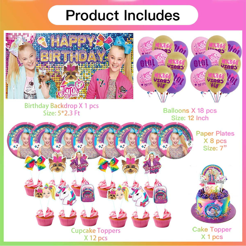 JOJO Siwa Party Supplies Balloons Tableware Decorations Birthday Plates Cake Topper Decor Banner Backdrop