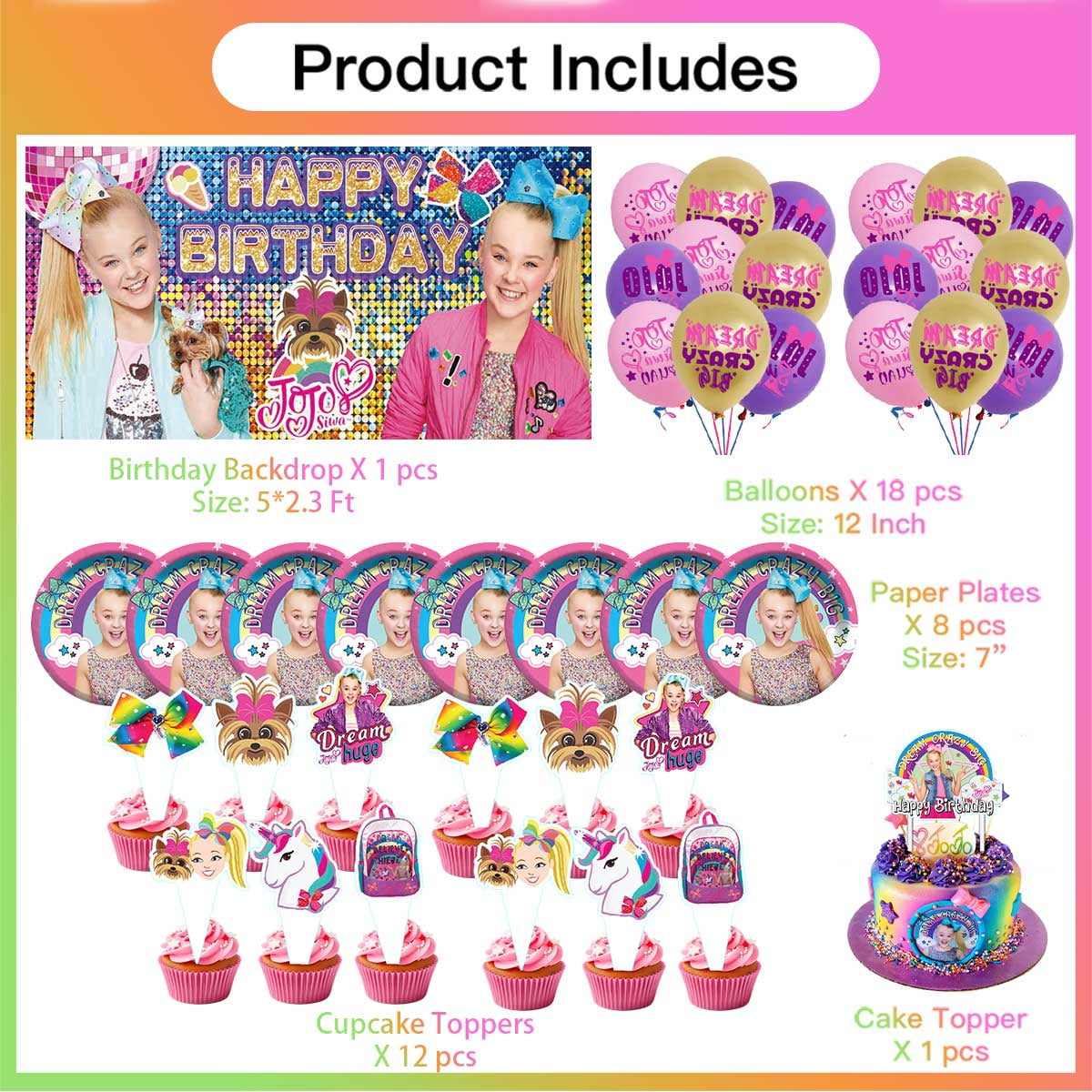JOJO Siwa Party Supplies Balloons Tableware Decorations Birthday Plates Cake Topper Decor Banner Backdrop