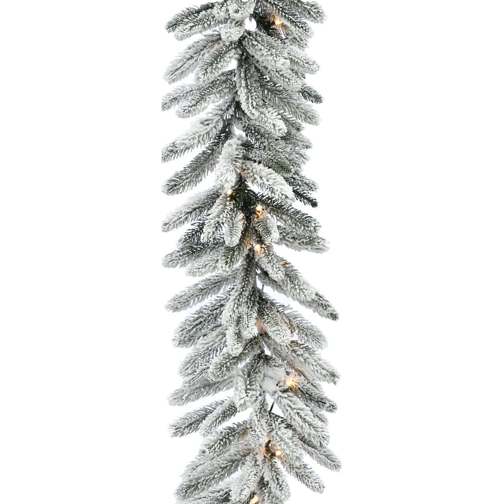 Fraser Hill Farm 9-Ft. Icy Frost Snow Flocked Garland with Warm White LED Lights, Battery Operated, Festive Christmas Holiday Decor for Fireplace Mantel, Stairway, Console Table,FFIF108GL-5SN