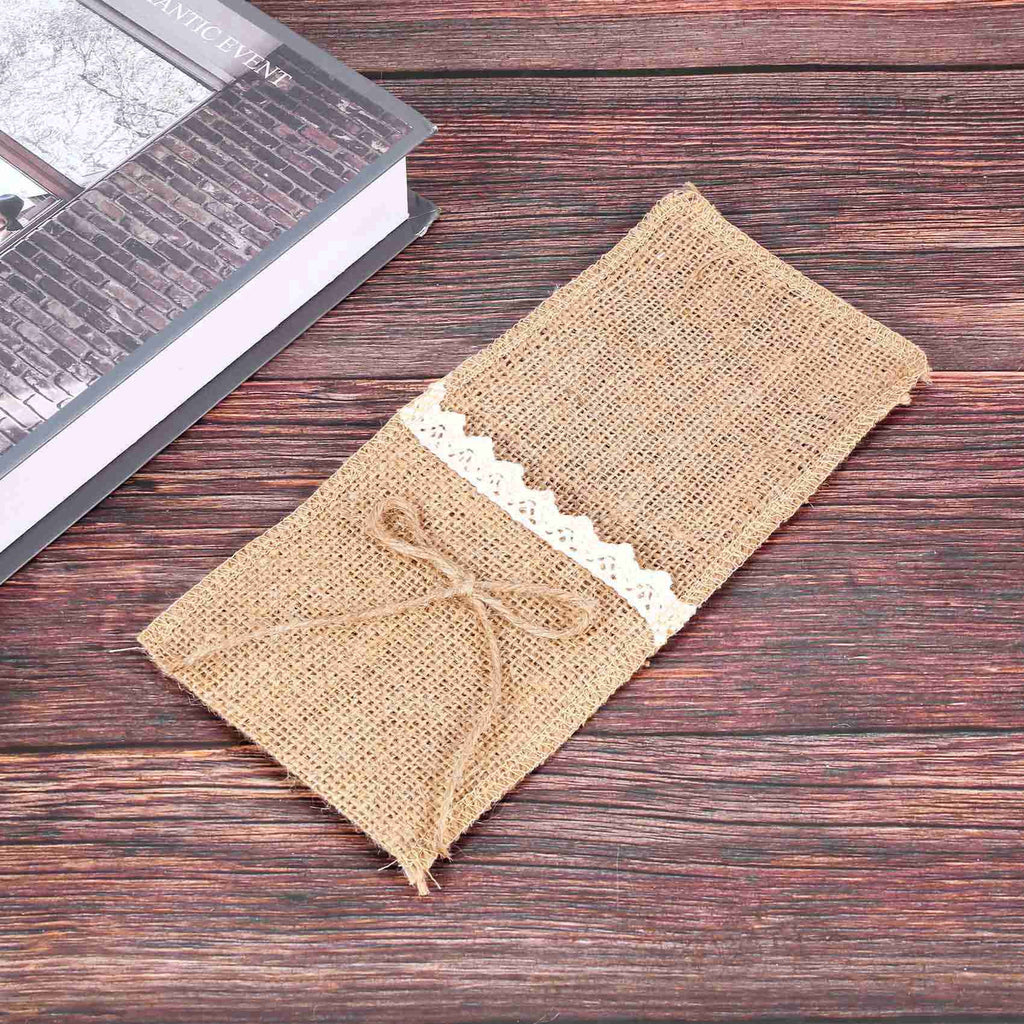 100PCS Country Wedding Table Silverware Holder Natural Burlap Cutlery Pockets Fork Pockets Rustic Wedding Decoration