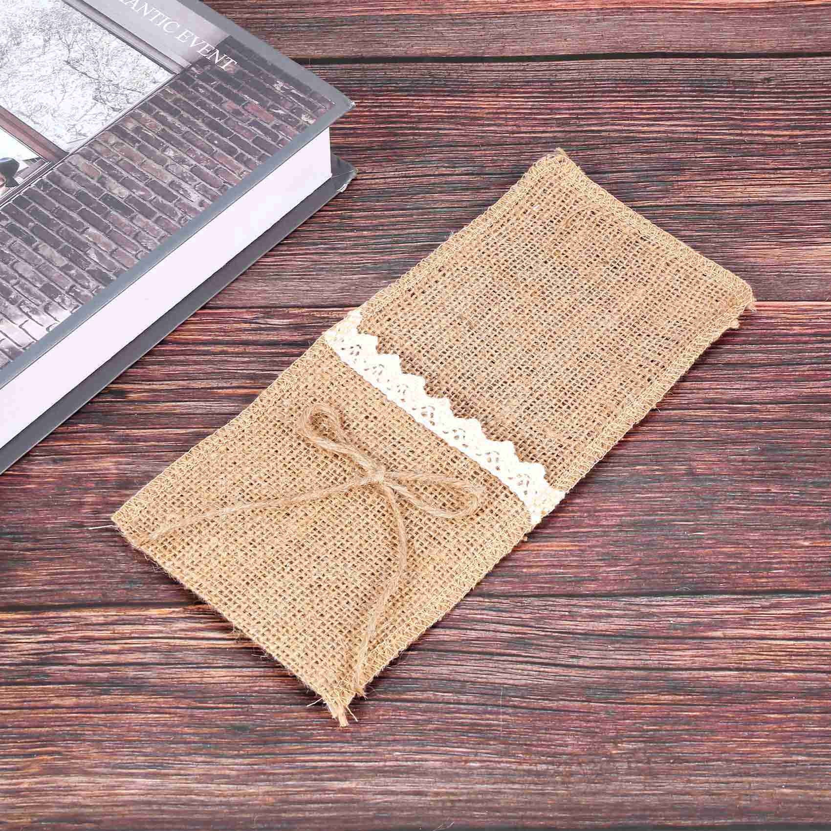 100PCS Country Wedding Table Silverware Holder Natural Burlap Cutlery Pockets Fork Pockets Rustic Wedding Decoration