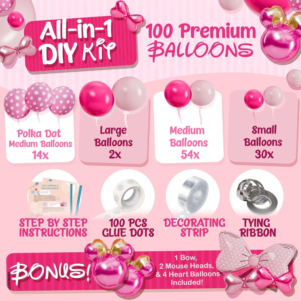 ALL-IN-1 Minnie Balloon Arch Kit with BONUS Bow & Mouse Head Balloons - Mini Mouse Balloons for Birthday Decorations & Oh Twodles Birthday Party Supplies Girl - Minnie Birthdays Party, Baby Shower