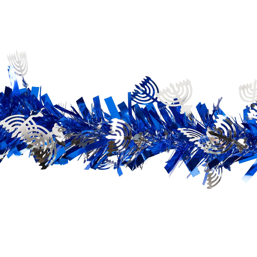Northlight Menorah Hanukkah Tinsel Garland - 50' x 3.5" - Blue & Silver - Unlit