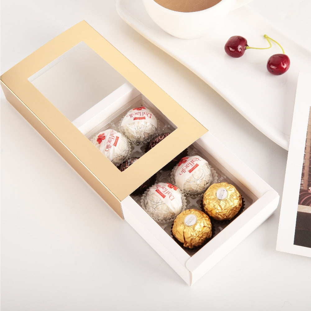 PKGSMART 20 Truffle Box Gold, Chocolate Gift Box Packaging, Candy Boxes with 8-Piece Plastics Tray（Tray Size 5.75x2.75 inches)