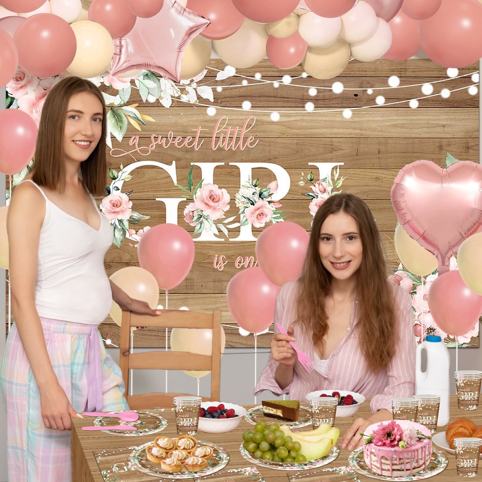Mocsicka 295 PCS Rustic Baby Girl Shower Decorations A Sweet Little Girl Is on Her Way Banner Plates Napkins Cups Balloons Serve 24