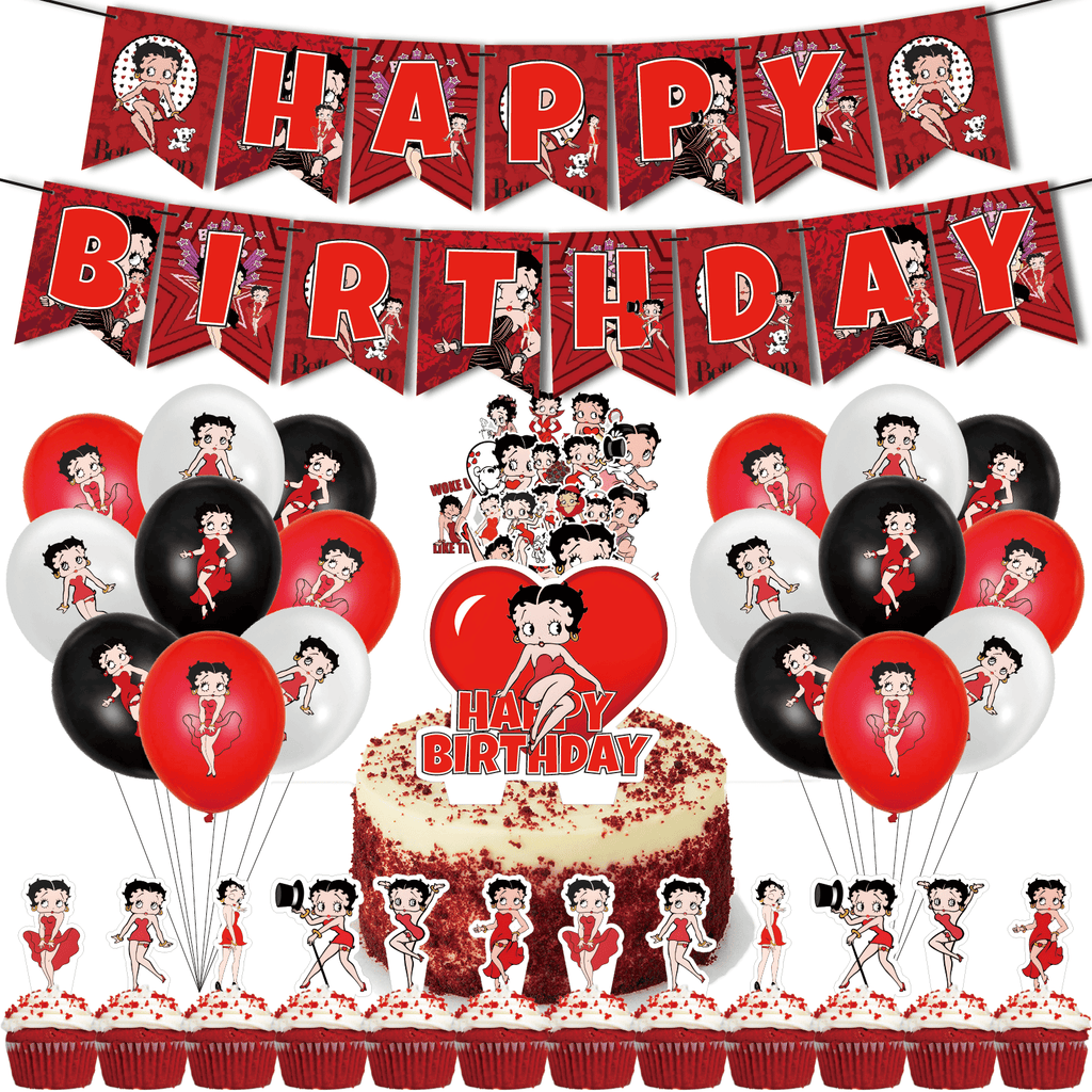 82 Pcs For Betty Cartoon - Party Decoration Kit – Includes Banner, Cake Topper, 12 Cupcake Toppers, 50 Stickers, and 18 Balloons for Festive and Birthday Celebrations