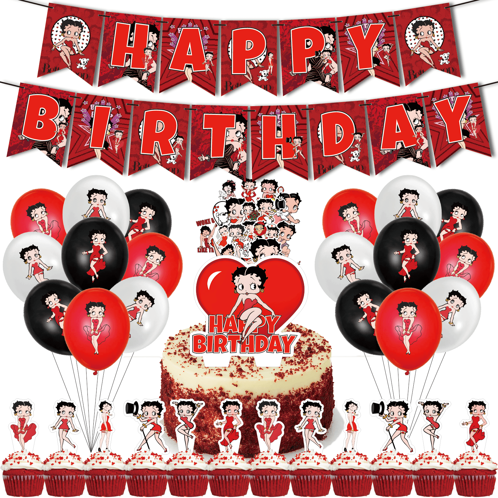 82 Pcs For Betty Cartoon - Party Decoration Kit – Includes Banner, Cake Topper, 12 Cupcake Toppers, 50 Stickers, and 18 Balloons for Festive and Birthday Celebrations