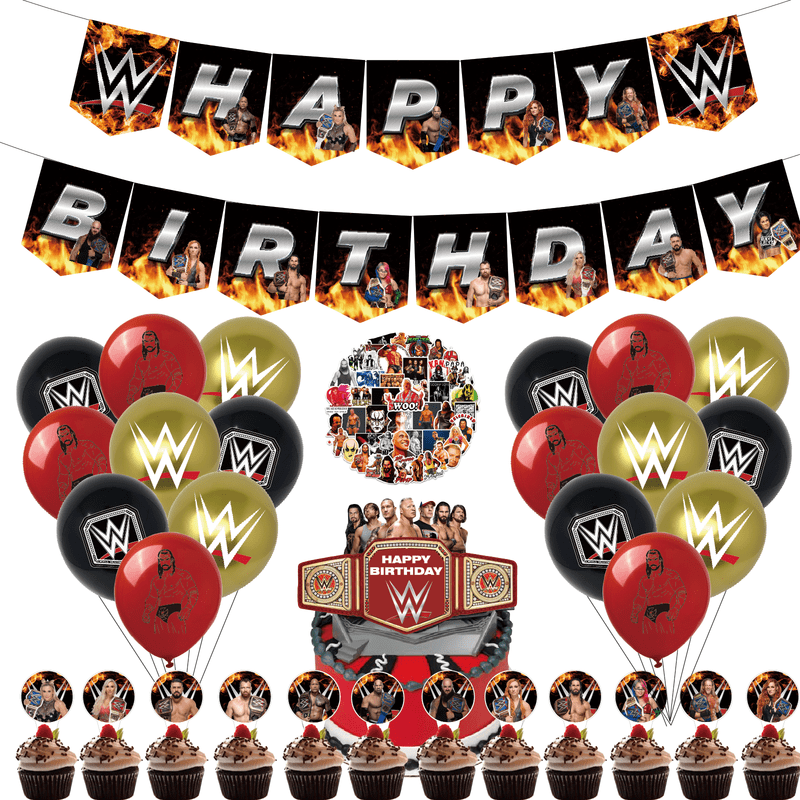 82 Pcs For Wrestling Party Decoration Set – Includes Banner, 18 Balloons, 50 Stickers, and 13 Cupcake Toppers for Themed Celebrations