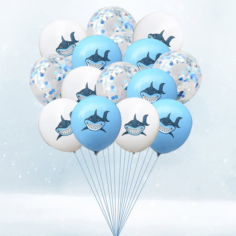 Yongwei party latex balloons 15pcs 12 Inch Shark Printed Balloons Sequins Balloons Party Supplies without Ribbon (5pcs White+5pcs Blue+5pcs Blue Confetti)