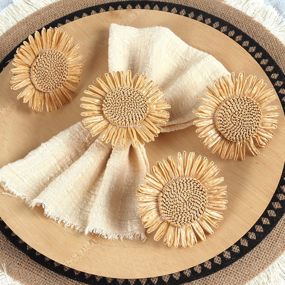 Yoyauz Woven Sunflower Napkin Rings Set of 12, Handmade Faux Yellow Daisy Napkin Ring, Braided Cotton Thread Serviette Buckles Holder for Dinner Table, Wedding, Family Gathering (Sunflower）