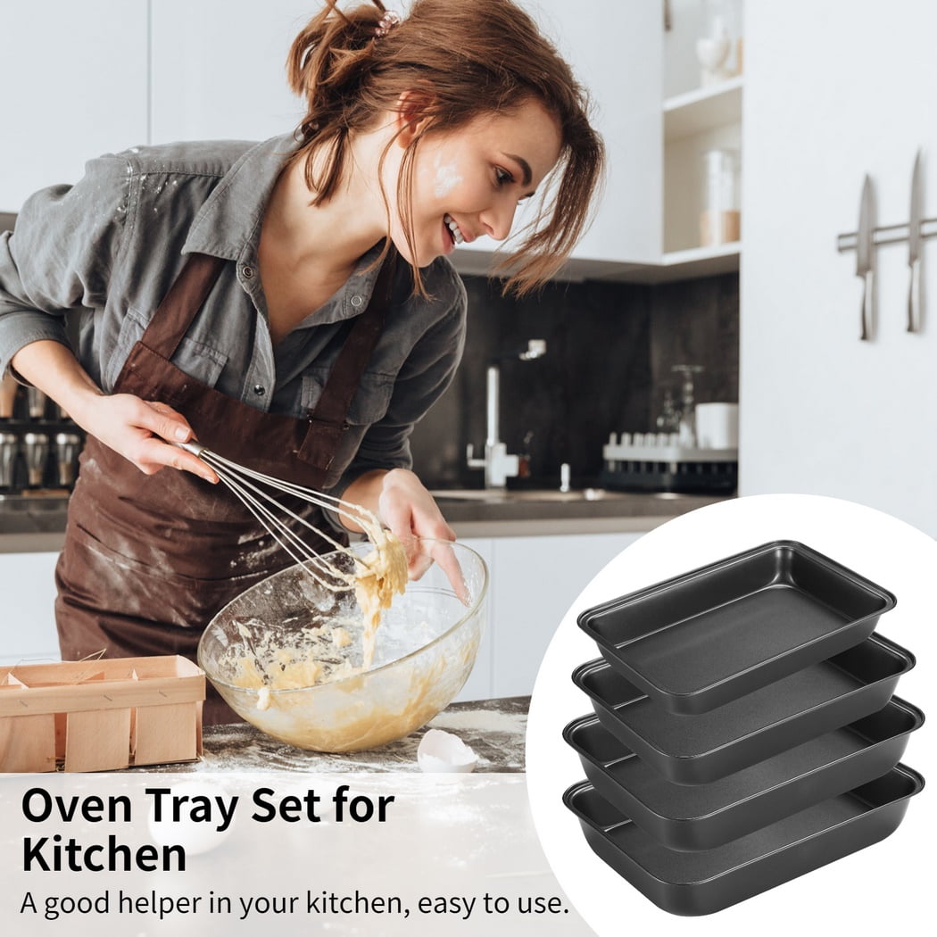 4PCS Non-stick Oven Tray, Carbon Steel Baking Trays, Deep Oven Tray Set, Roasting Tins Ovenware, Rectangle Baking Cookie Sheet, Cooking and Baking Pans, Dishwasher Safe