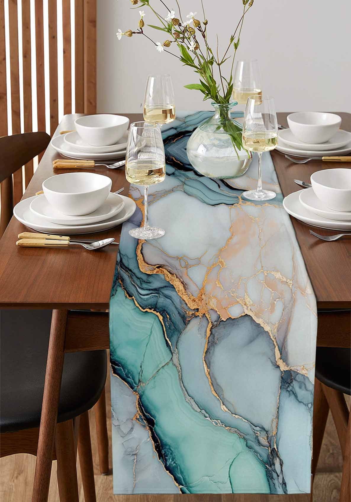Marble Table Runner Turquoise Gray Blue Gradient Modern Geometric Tablerunners 18 x 72 Inch, Table Decorations Tabletop Scarf for Summer Gathering Holiday Farmhouse Kitchen Dining Decor