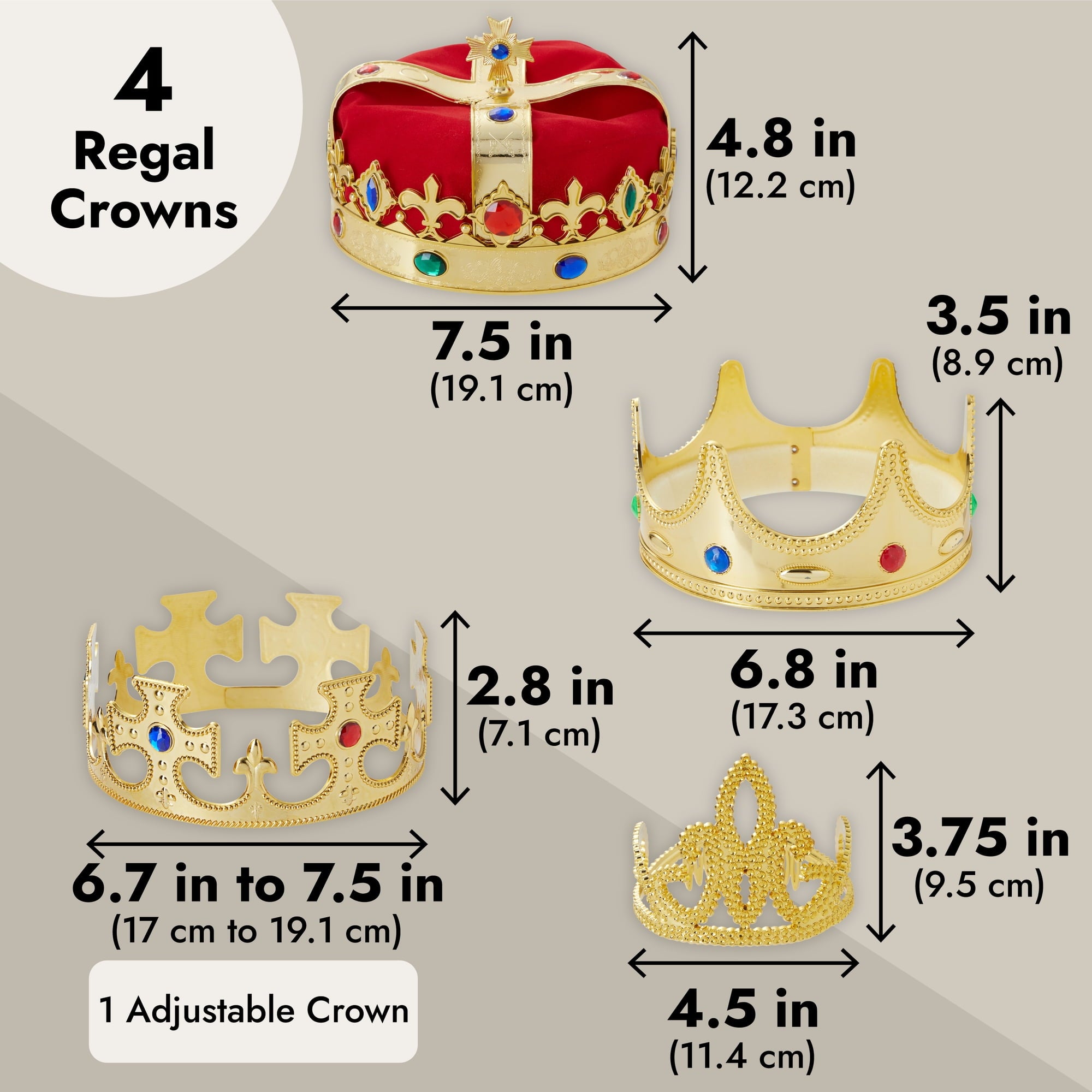 4-Pieces King and Queen Crowns Set for Kids - Gold Crowns and Tiara for Royal Theme Birthday Party Costume Accessories and Photo Booth Props