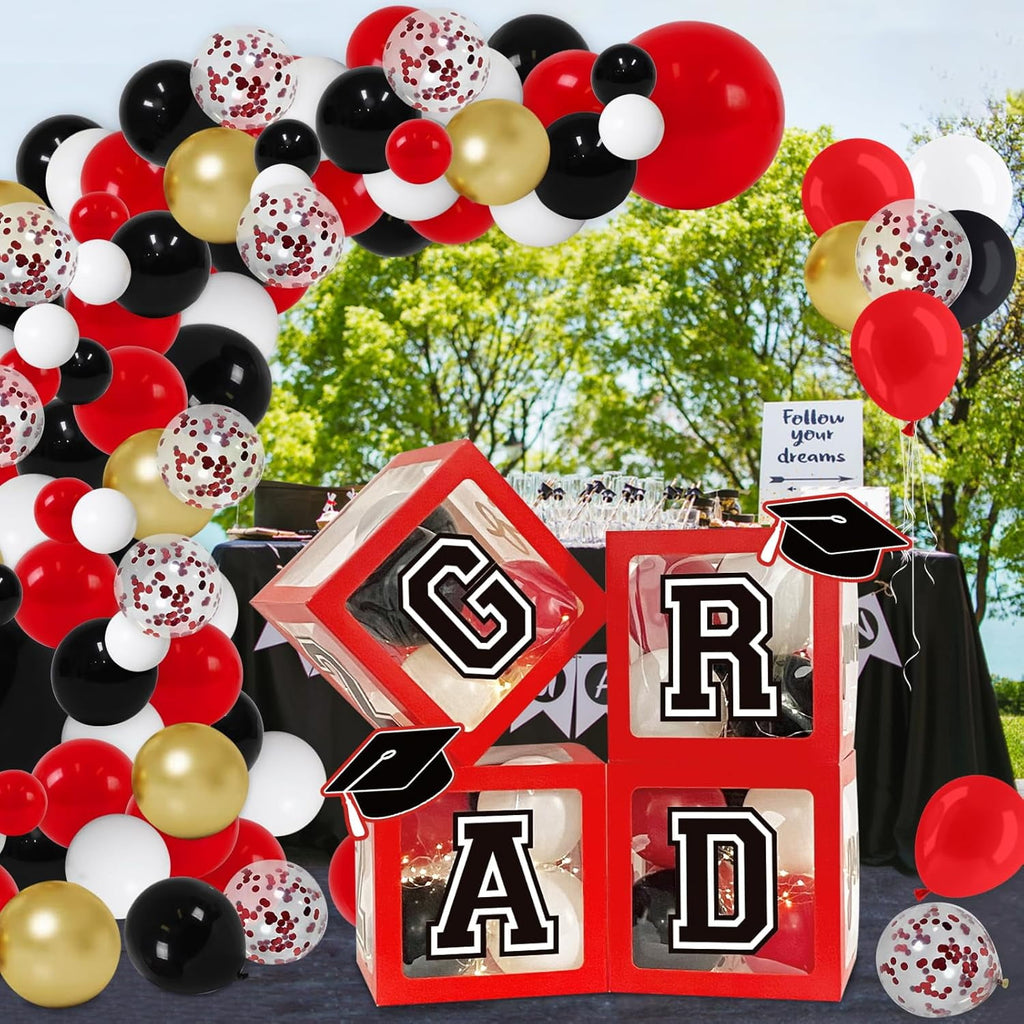 Graduation Decorations 2025, Set of 4 Red Graduation Balloon Boxes with 139pcs Balloon Arch Garland Kit & 4 Light Strings - So Proud of You 2025 Graduation Decorations for Any Grades