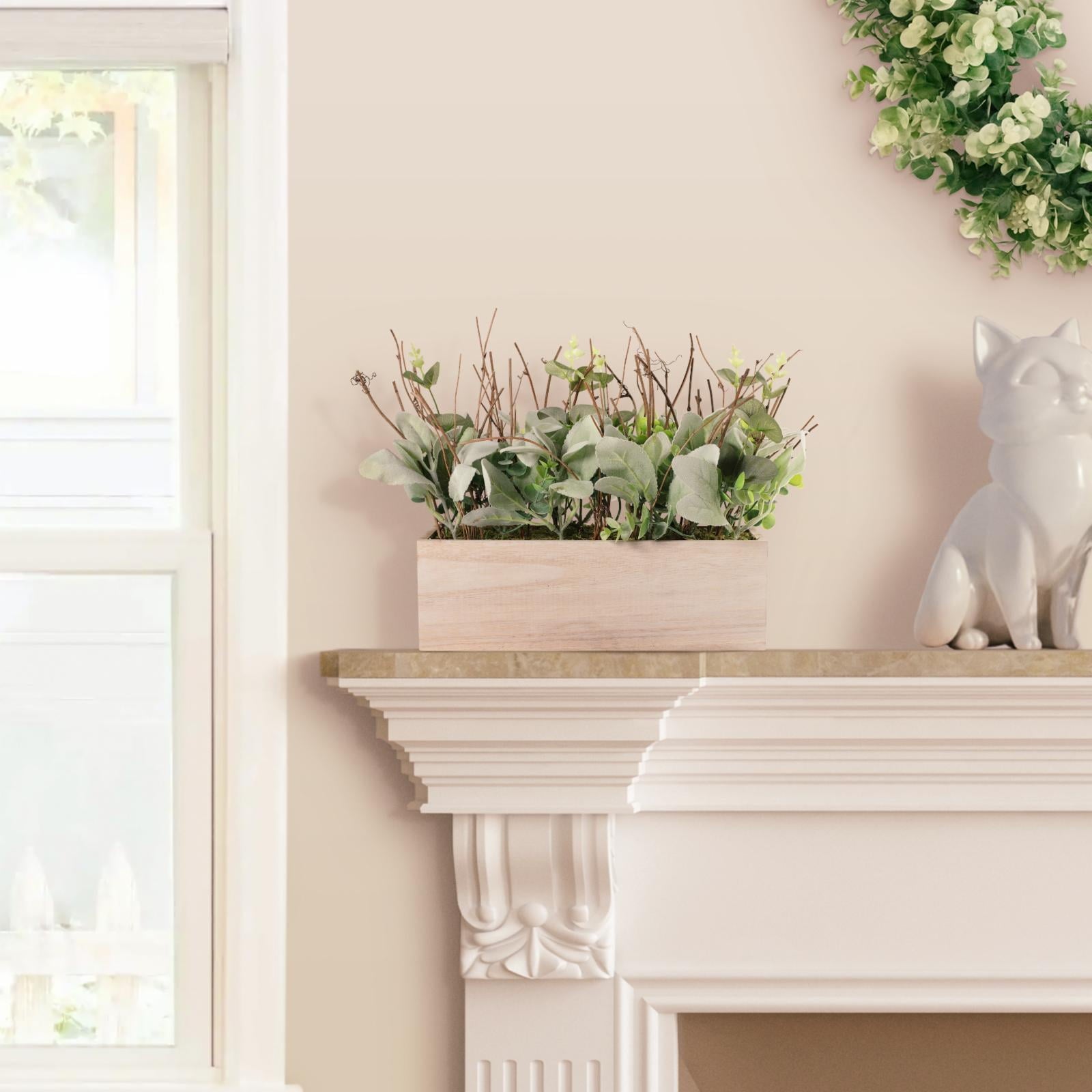 Puleo International 11 in. Lambs Ear Centerpiece with Twigs & Greenery Leaves in Wood Planter