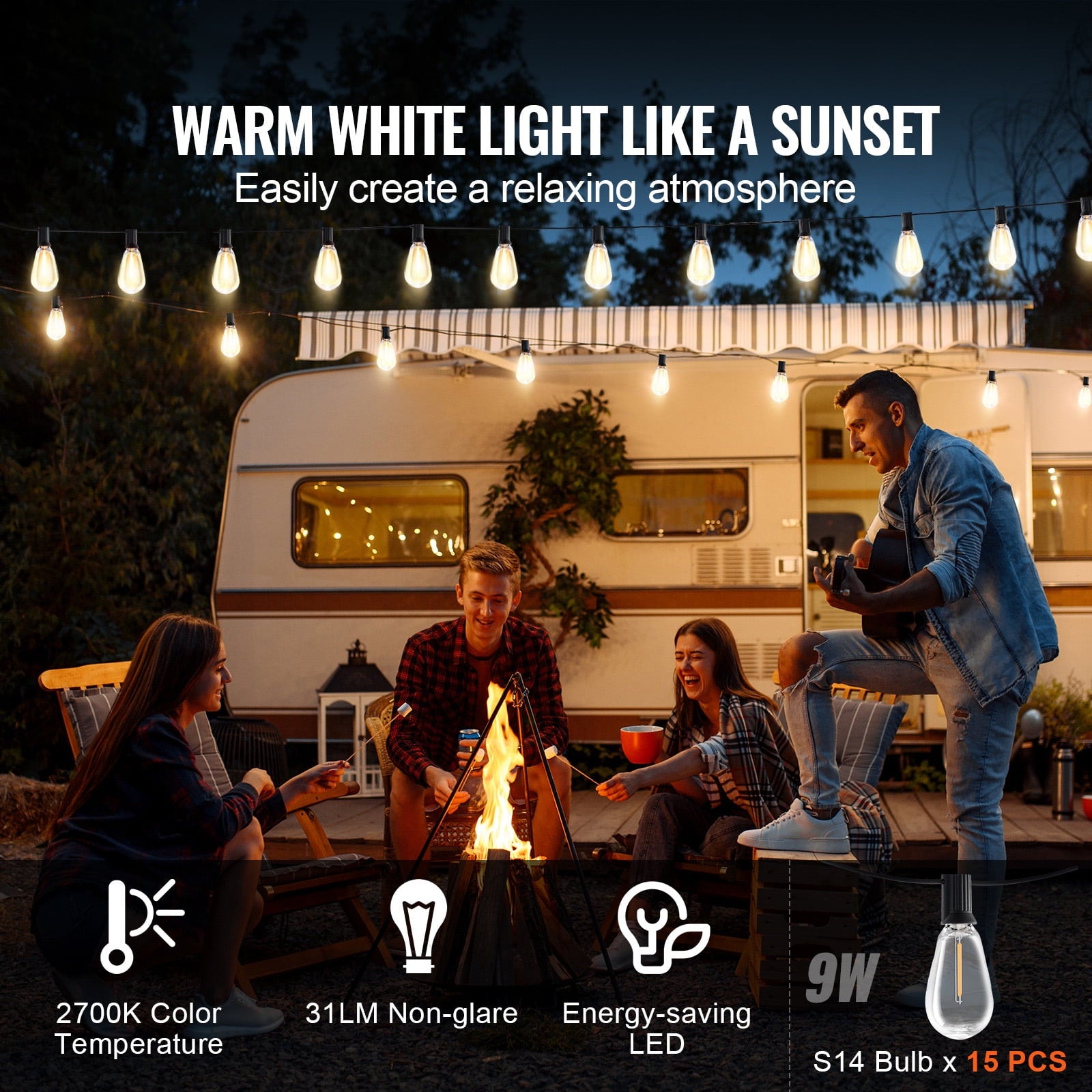 KFFKFF LED Exterior Illumination Strings, 50FT, 2700K Adjustable Brightness Terrace Lights, Includes 15 S14 Durable Bulbs with E12 Socket Base, Water-Resistant Suspended Lights for Veranda, Backyard