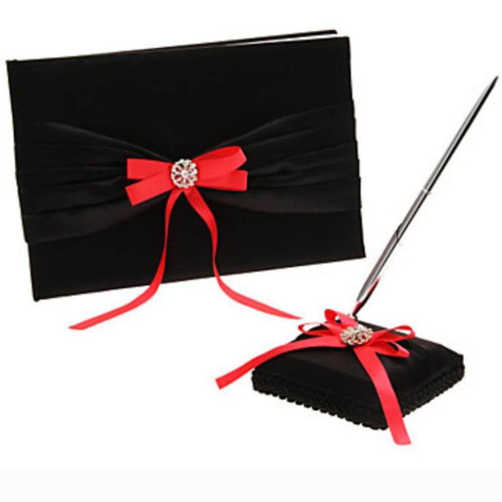 4Pcs Black Wedding Supplies Set Flower Girl Basket + Ring Bearer Pillow + Guest Book + Pen Set Holder for Bridal Wedding Shower Ceremony Anniversary Celebrations Party Decorations