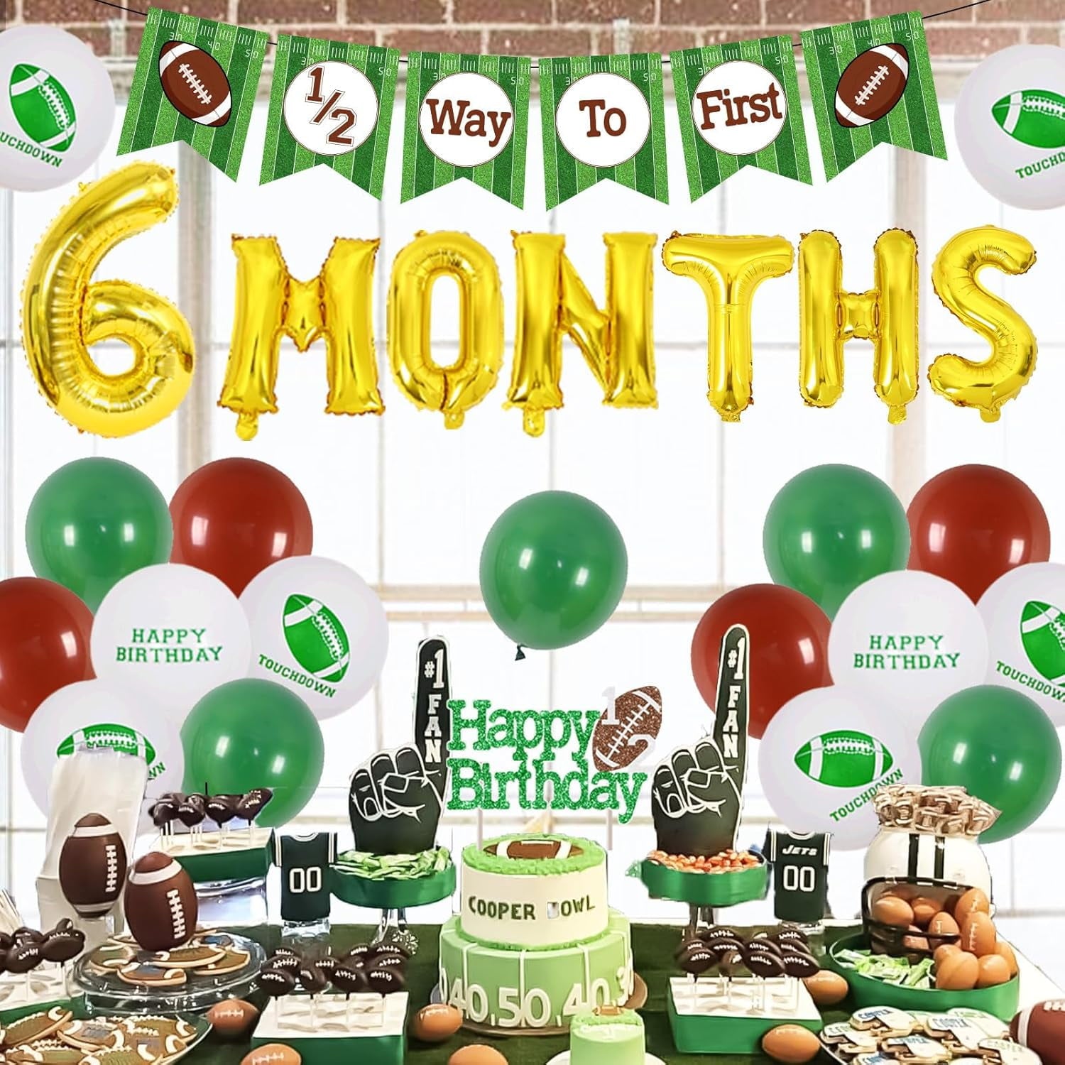 Football Half Birthday Decorations - Football 6 month Birthday Party, 1/2 Birthday Football Decorations Banner, Green Coffee Balloons Happy Birthday Cake Topper 6 Month Foil Balloon for Boy Birthday