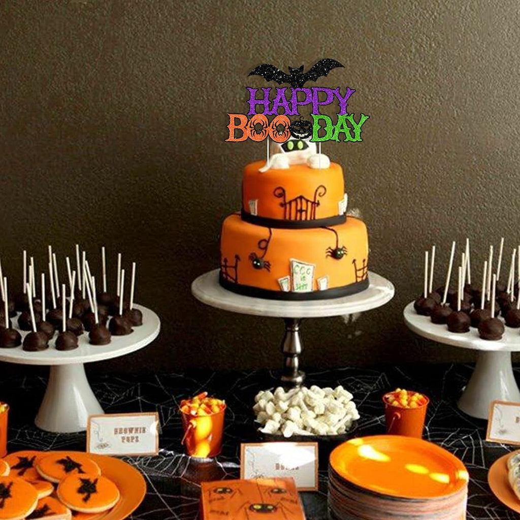 Halloween Birthday Cake Decorations - Happy Boo Day Cake Topper for Boys Girls Here for the Boos, Trick or Treat Spooky Themed Birthday Party Supplies with Bat Pumpkin Sign