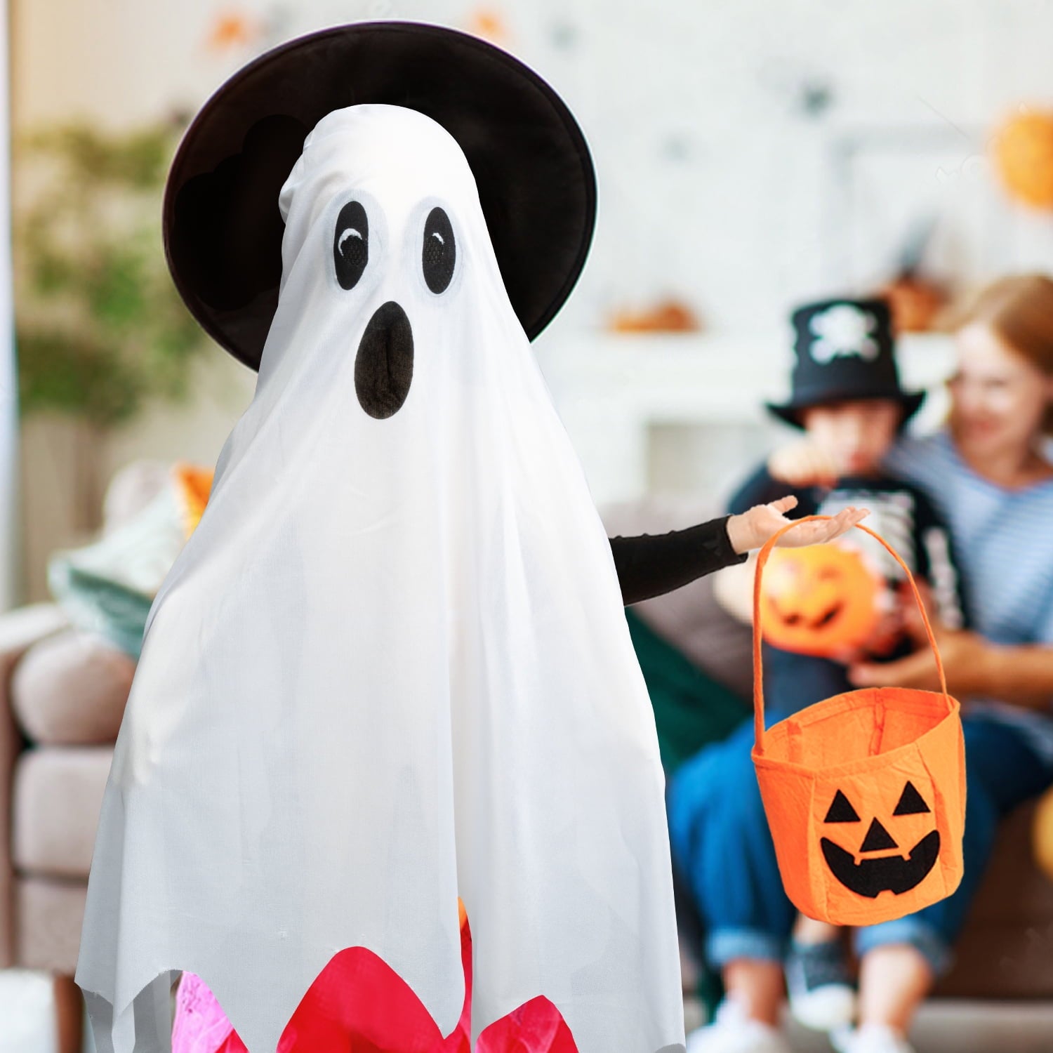 6 Piece Spooky Double Dress Up for Boys&Girls, Hat White Cloak Pumpkin Bag Set for Horror Themed Party Decor