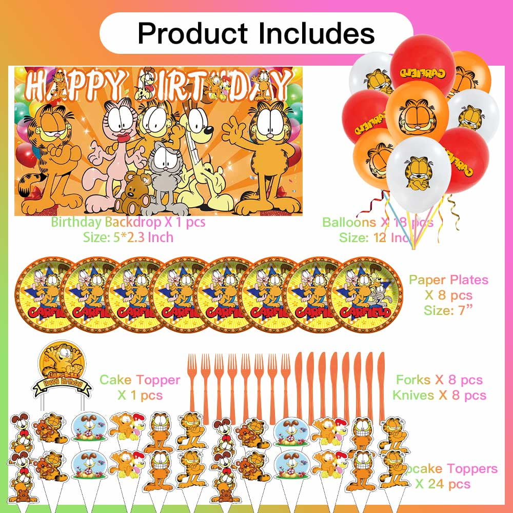 Garfield cat Party Supplies Cake Topper Decor Banner Backdrop Tableware Balloons Birthday Decorations