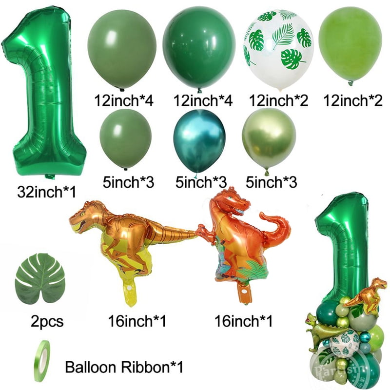 27pcs Carton Green Dinosaur Balloon Tower with 1-9 Green Number Balloon for Boy's Dinosaur Themed Birthday Party DIY Decorations