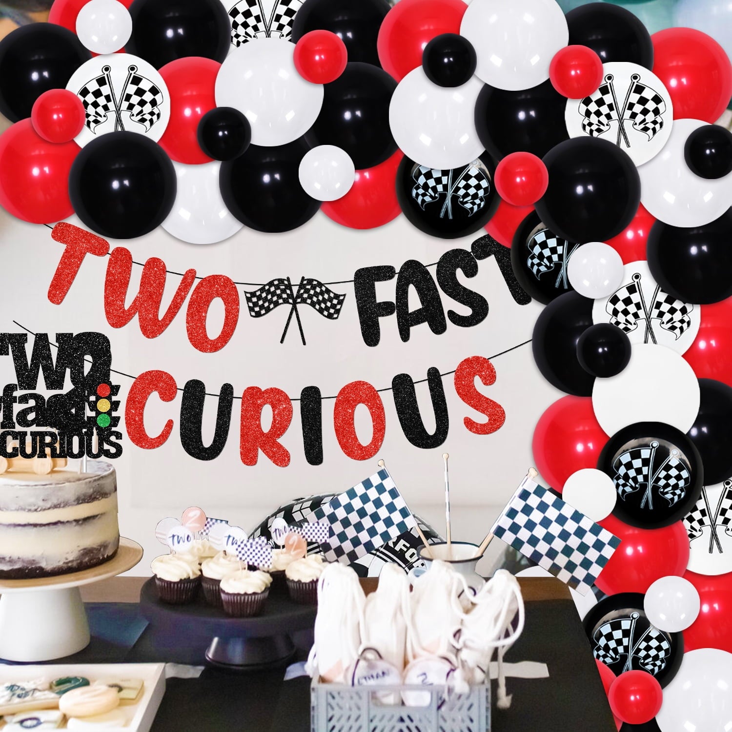 Cheereveal Racing Car 2nd Birthday Decoration Kit, 50 Balloons, Banner & Topper