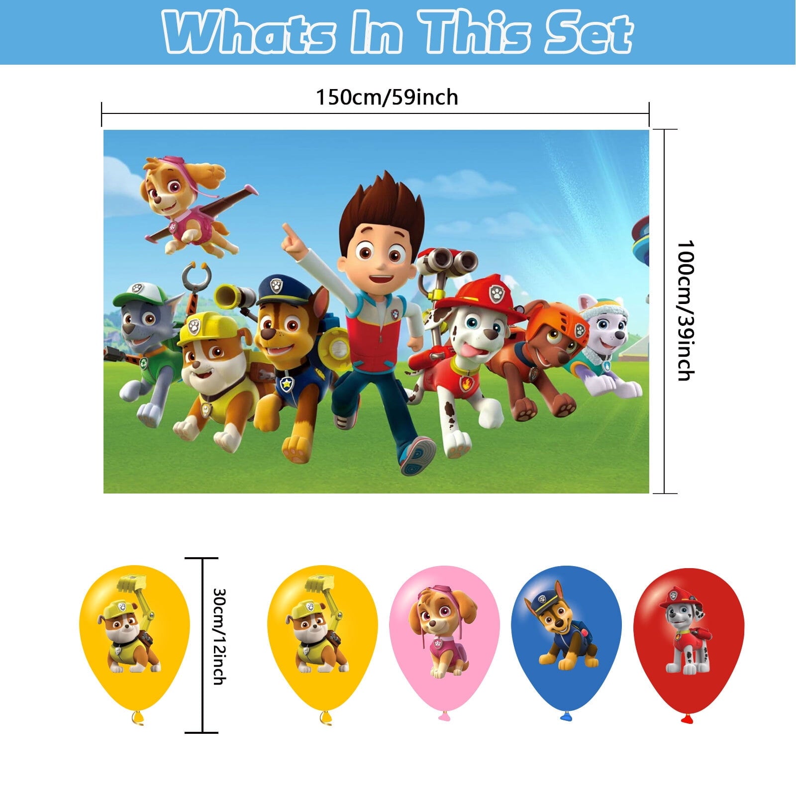 46-Pcs For Paw Cartoon For Patrol-Themed Party Decoration Set – Includes Backdrop, Cake Topper, 24 Cupcake Toppers, and 20 Balloons for Festive Celebrations