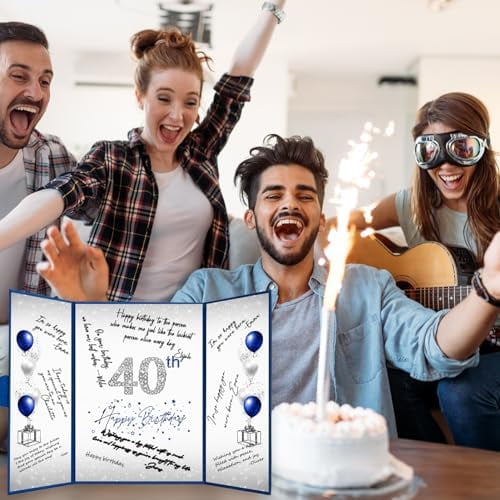 40th Birthday Decorations for Men or Women, Creative 40th Birthday Guest Book Alternative, Blue and Silver 40 Birthday Signature Book 18 x 12 inch, Great 40th Birthday Gifts