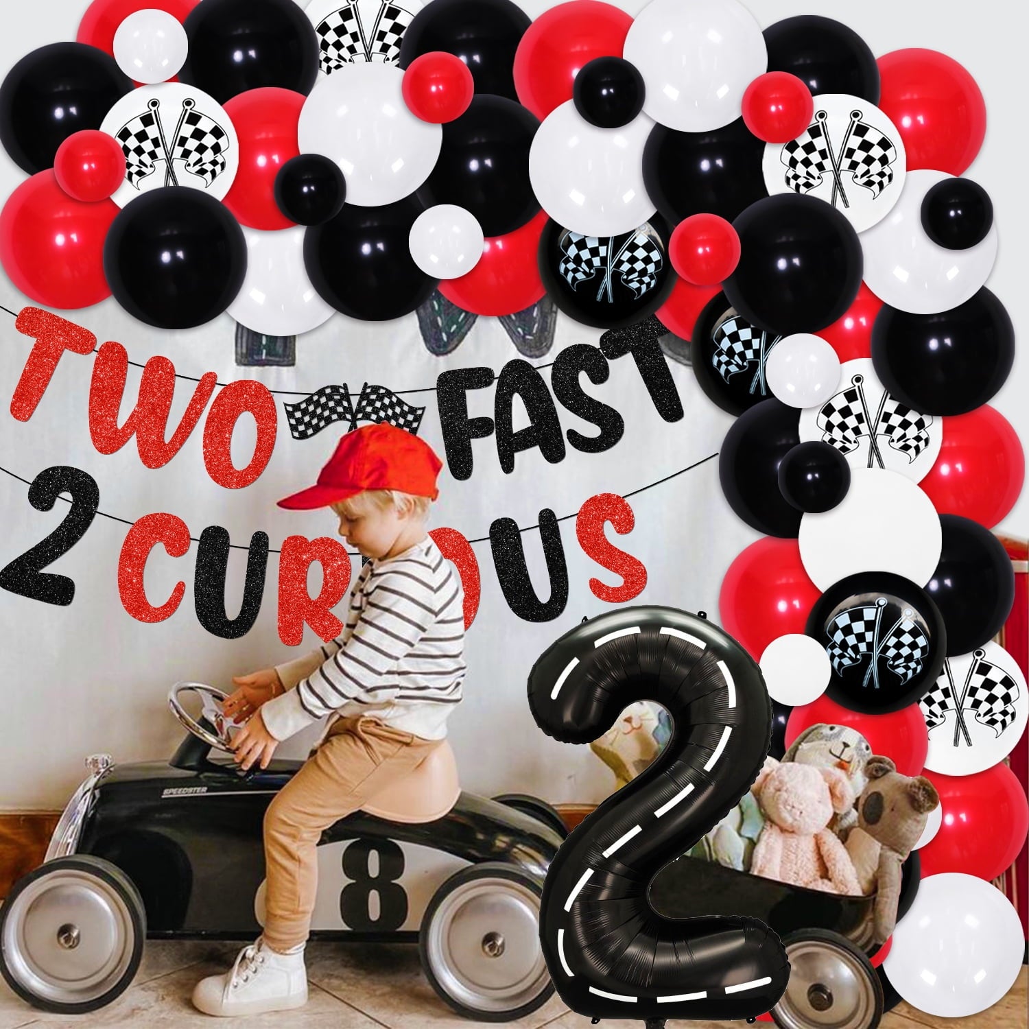 Cheereveal Racing Car 2nd Birthday Decoration Kit, 50 Balloons, Banner & Topper