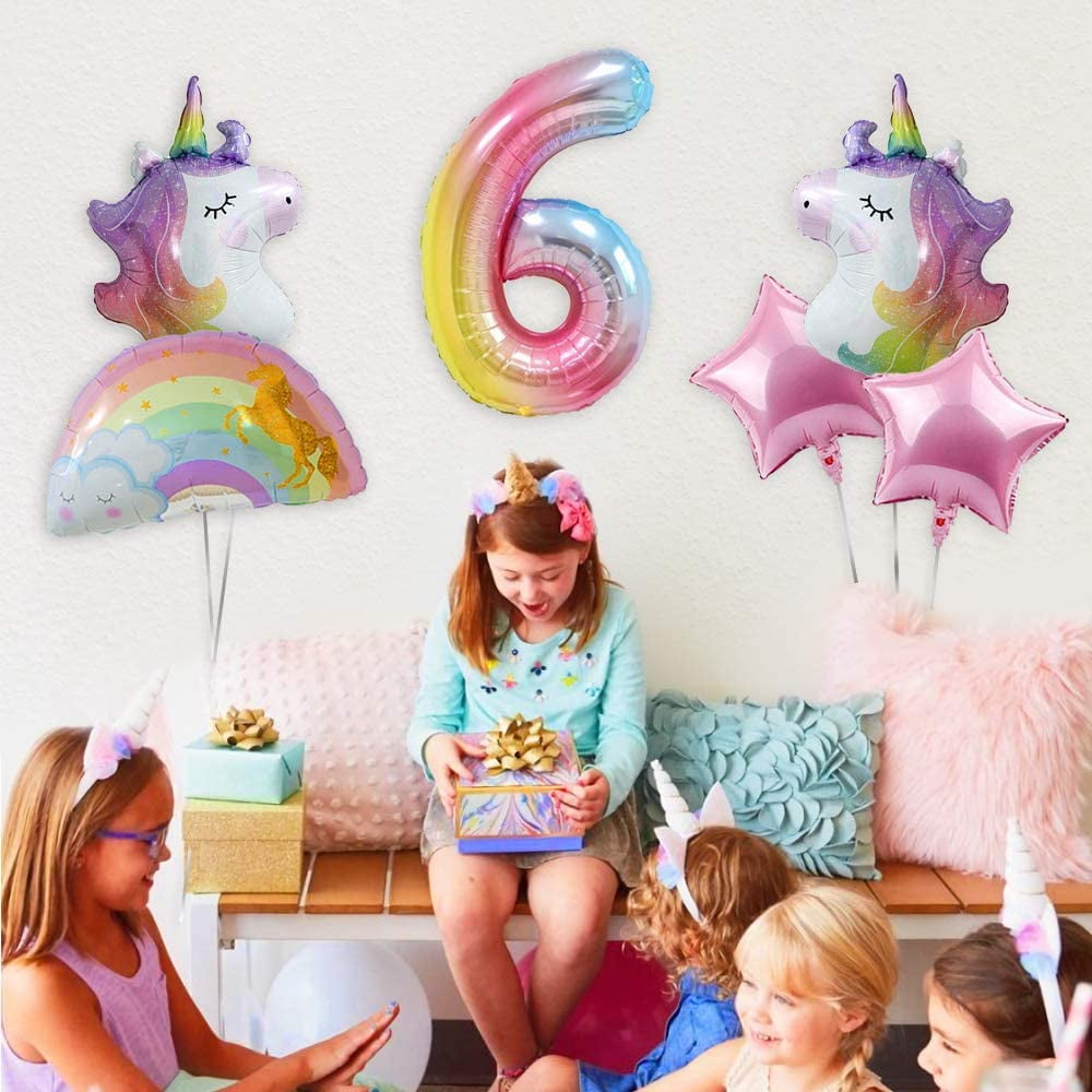 Unicorn Birthday Decorations for Girls 6th Birthday- Bouquet of Unicorn Balloons for Rainbow Unicorn Party Supplies (Number 6)