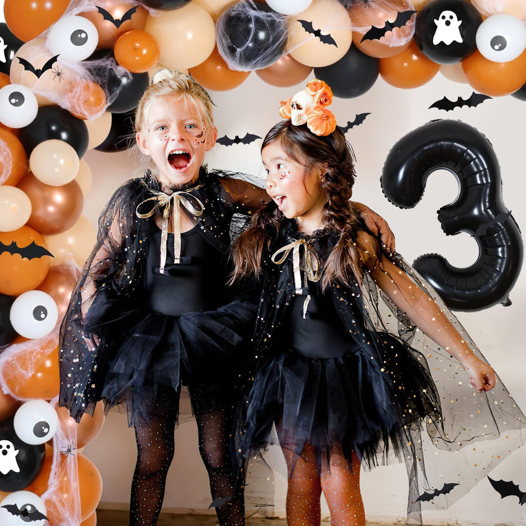 Trick or Three Theme Halloween 3rd Birthday Party Decorations Pumpkin Backdrop Number 3 Balloon Garland Arch Kit 3D Bat Wall Stickers Simulation Spider for Halloween 3rd Birthday Party Decor Supplies