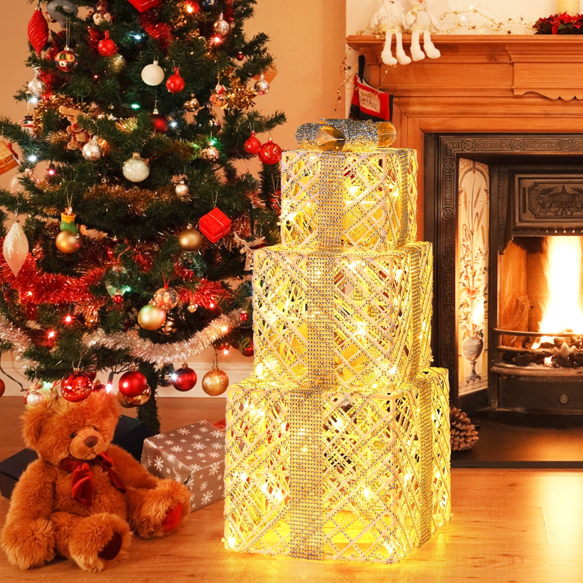 Costway 3 Pack Christmas Lighted Gift Box with 50 LED Lights Detachable Bows for Yard