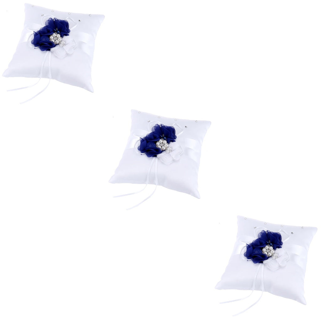 WORGEOUS 3pcs 20*20cm Embellished Wedding Ring Pillow Cushion Pearl Flower Decorated Ring Bearer Pillow (Blue & White Flower)